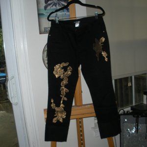 Venus Black Jeans W/gold Applique Fabric accents on front legs SZ: 8